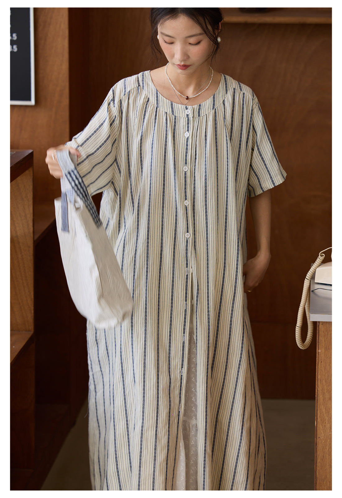 ◇ダイヤモンド型の織柄◇コットンリネンゆったりシルエット前開き開き ストライプワンピース◇
