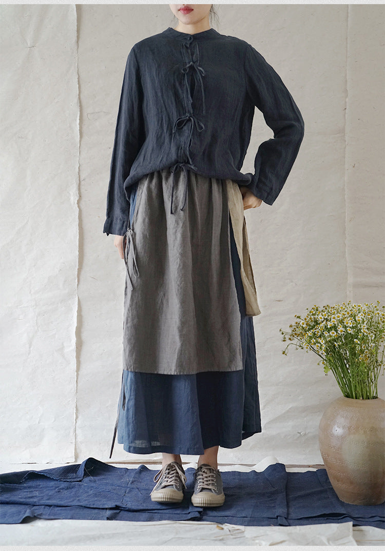 △リネン スタンドカラー ストリングス シャツ▽