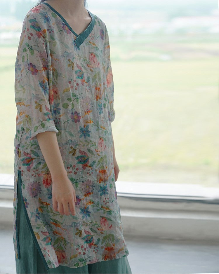 ◇ハンドステッチがポイントに◇薄手生地で夏場にピッタリ☆ラミー 7分丈膝丈ワンピース◇