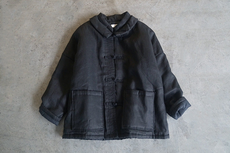 3色展開◇100%リネン ドロップショルダー 中綿オリエンタルカバーオールジャケット◇
