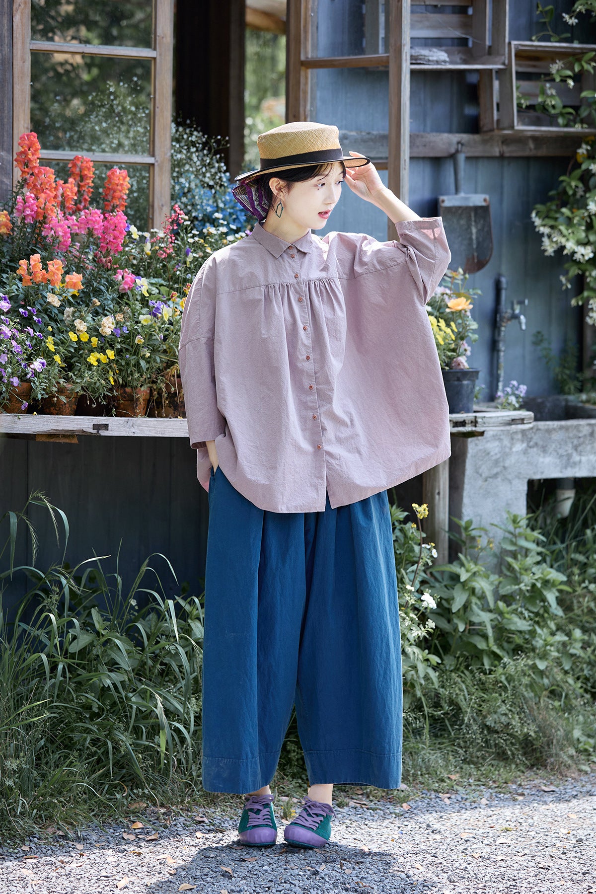 夏に履きたい色味◇ブルーコットン 9分丈ワイド イージーパンツ◇
