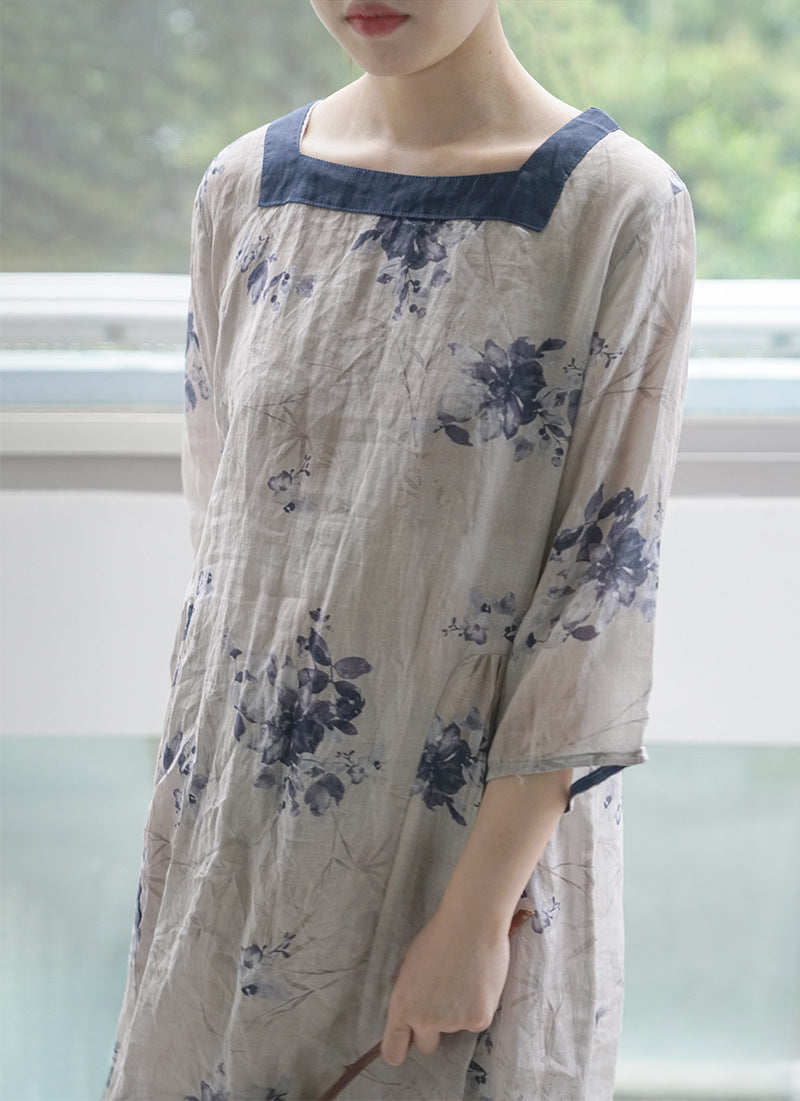 △夏らしい涼しげな花柄プリント スクエアネックが上品 ハーフスリーブ ロングワンピース▽