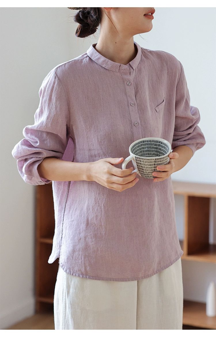 小ぶりな襟が可愛い◇リネンシャンブレープルオーバーシャツ◇