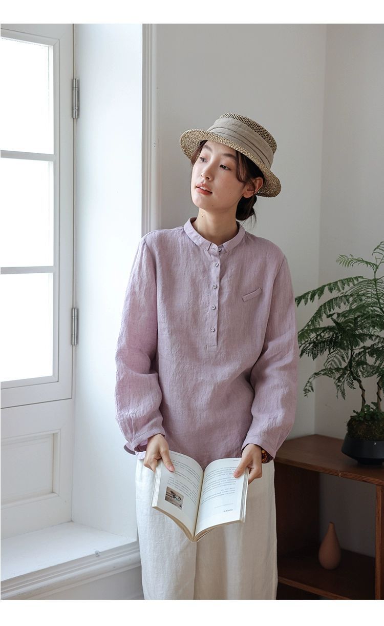 小ぶりな襟が可愛い◇リネンシャンブレープルオーバーシャツ◇