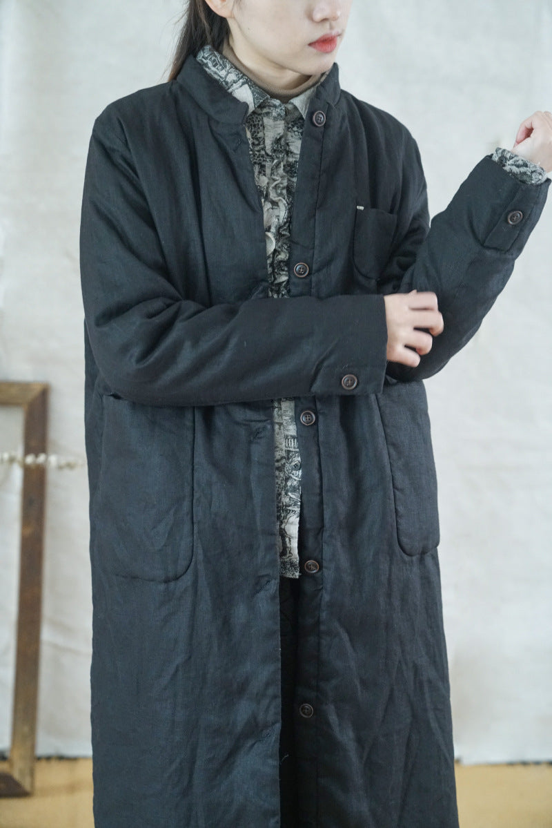 3色展開◇秋冬に大活躍◇スタンドカラー リネン中綿 ロングコート◇