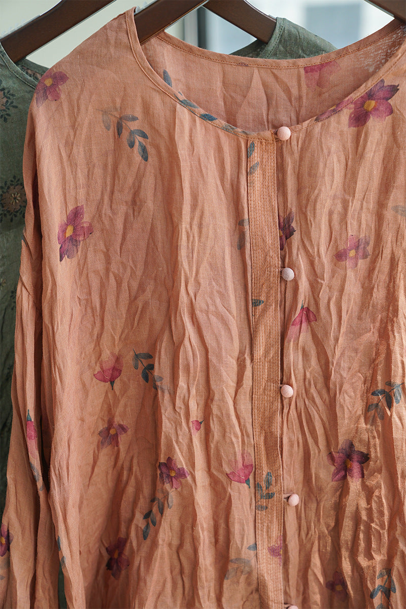 3色展開◇絶妙な色味のボタニックプリント◇ラミー ゆったりブラウス シャツ◇