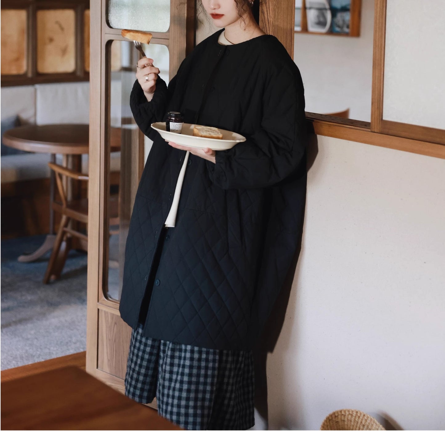 ◇保温性もあって秋冬に大活躍◇ドロップショルダー ノーカラー 中綿ライナー ロングコート◇
