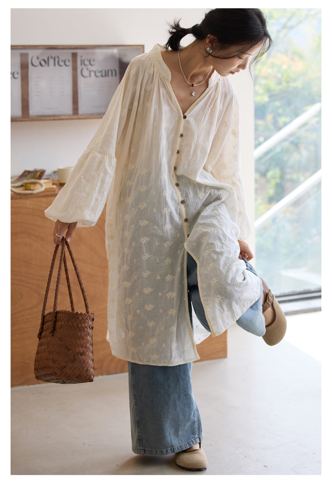 ◇アンティークフレンチ調刺繍ゆったりシルエット ドロップショルダー前開き開き ワンピース◇