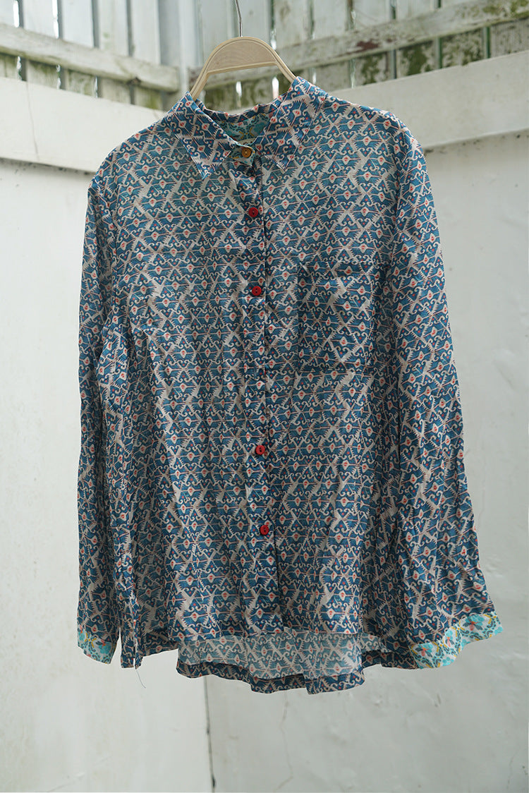 ◇品のあるエスニックプリント◇ロングスリーブ 切替プリントラミーブラウス◇