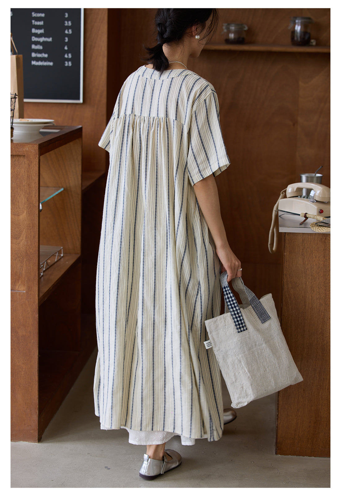 ◇ダイヤモンド型の織柄◇コットンリネンゆったりシルエット前開き開き ストライプワンピース◇