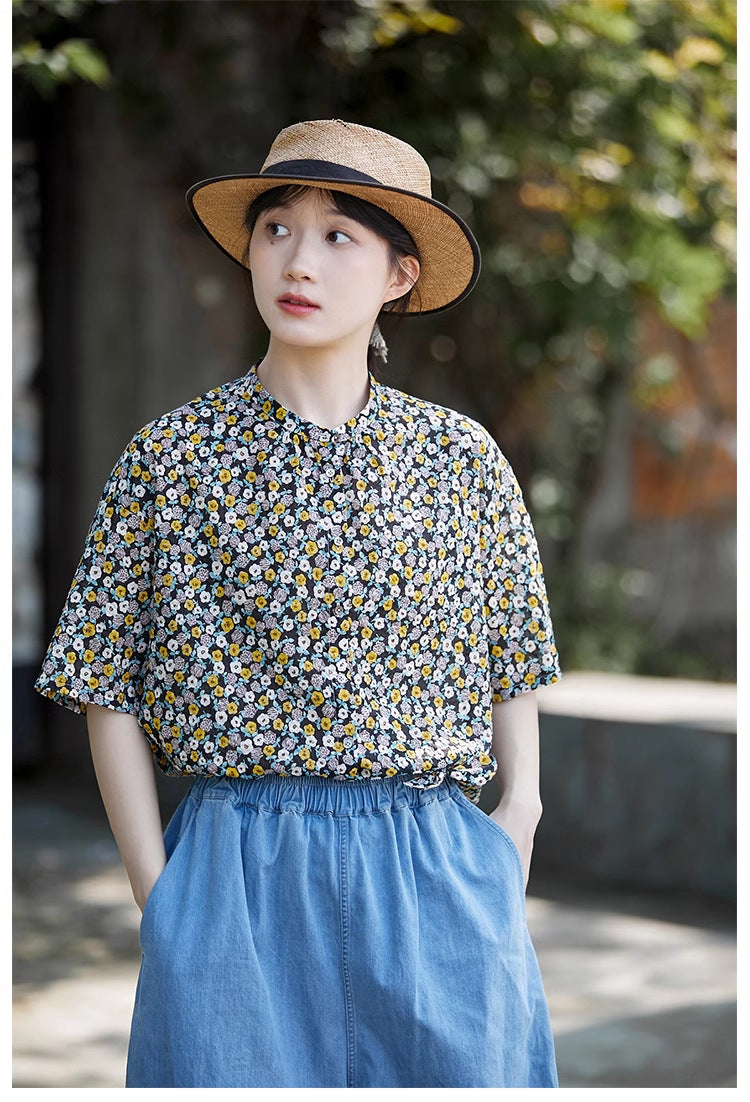 ◇小花柄で品のあるゆったりシルエット ドロップショルダーコットン5分丈シャツ◇M/Lサイズ