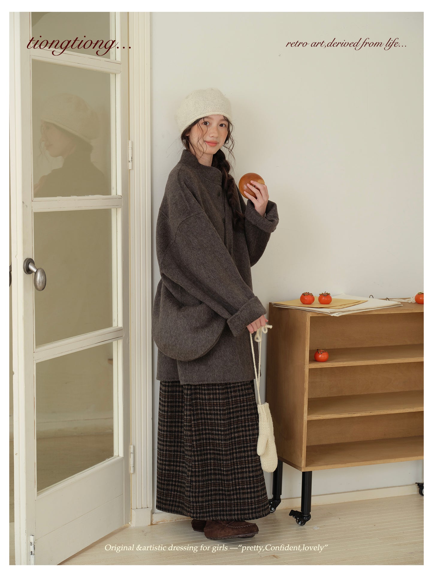 2色展開△ダブルフェイスウール×キャメルで暖か ドロップショルダーゆったり スタンドカラーコート△バッグ付き