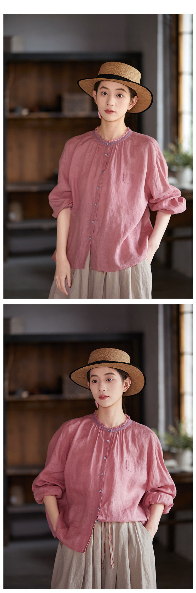✩ゆったり刺繍リネンギャザー シャツ✩