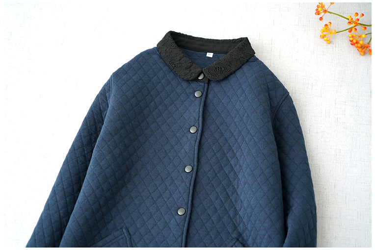 3色展開◇秋冬に大活躍◇レースカラー ドロップショルダー キルティングコットン中綿 ロングコート◇