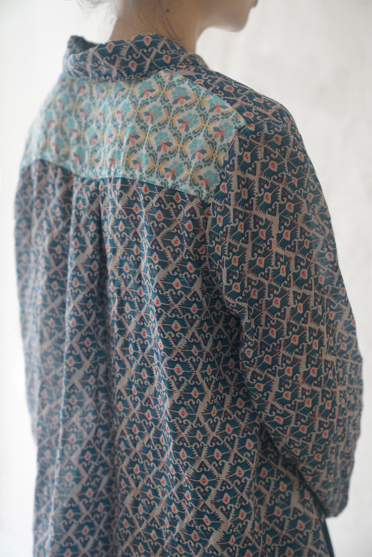 ◇品のあるエスニックプリント◇ロングスリーブ 切替プリントラミーブラウス◇
