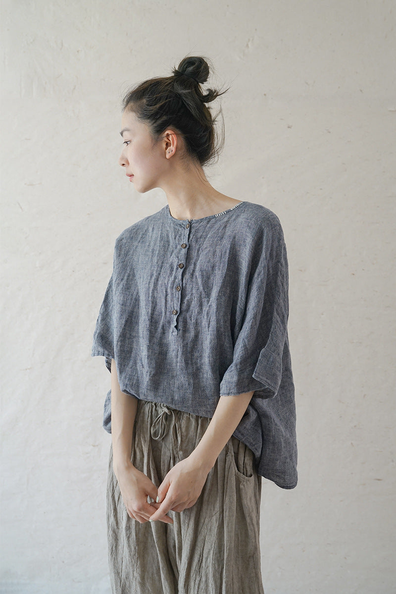 2色展開△リネン ヘンリーネック ハンドステッチ ワイドプルオーバー▽