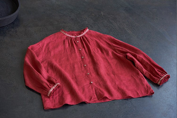 ◇刺繍リネンギャザー シャツ◇