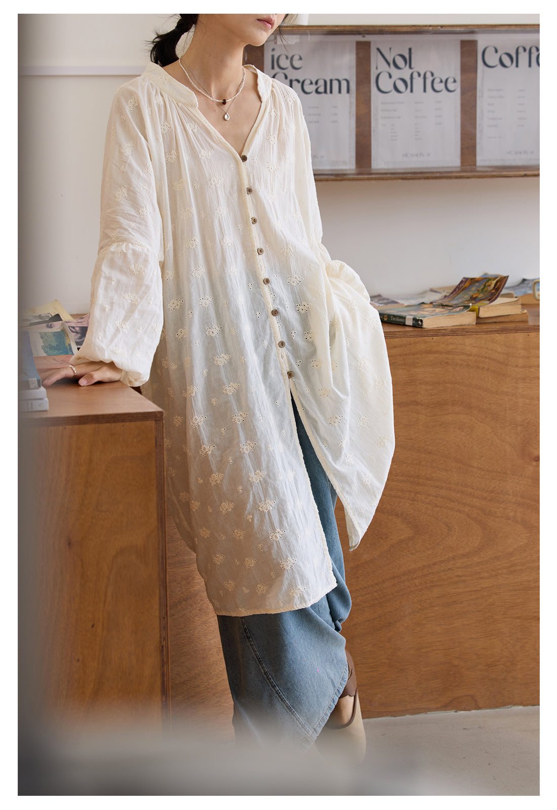 ◇アンティークフレンチ調刺繍ゆったりシルエット ドロップショルダー前開き開き ワンピース◇