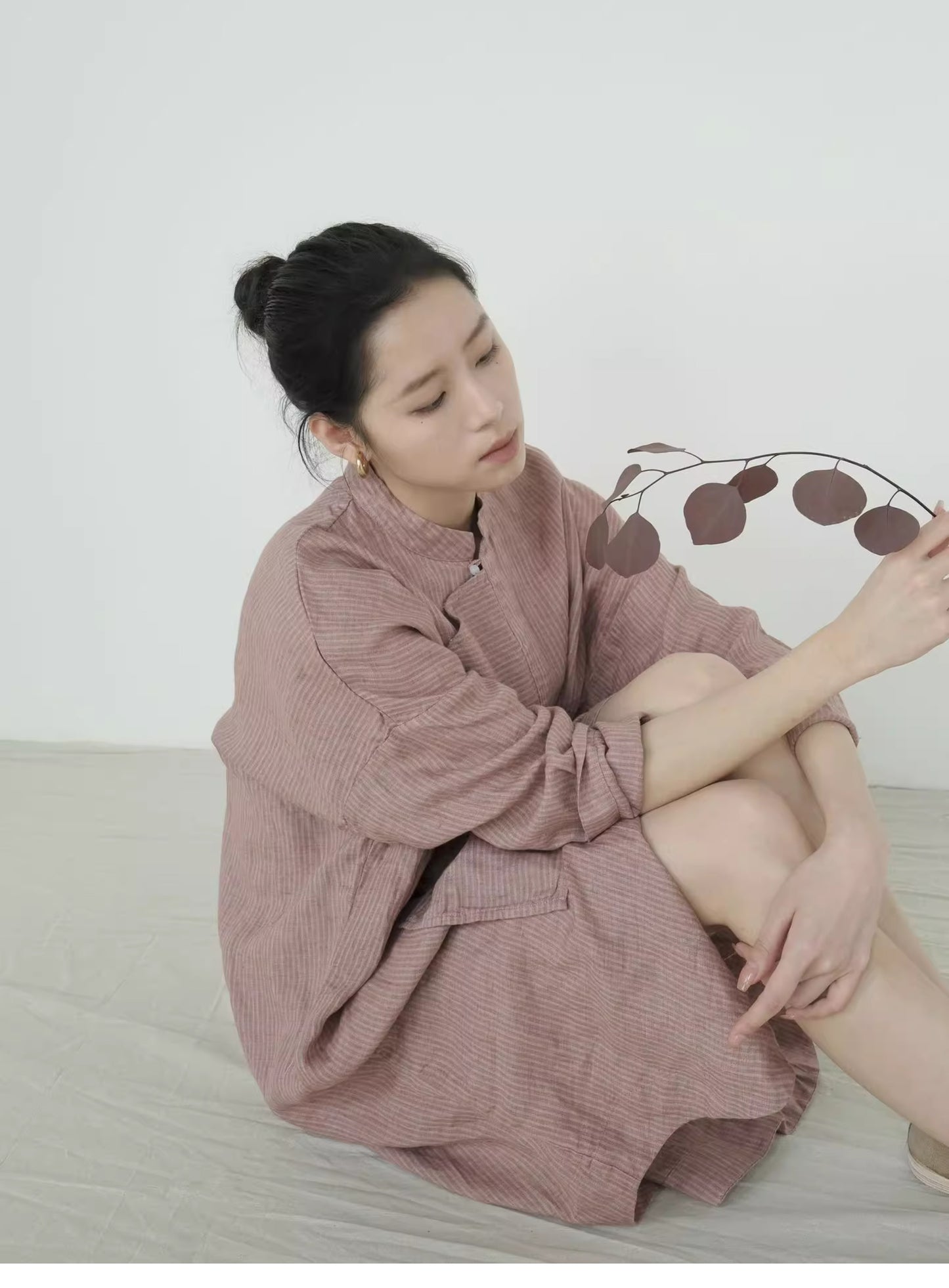 2色展開◇絶妙な色味のリネンストライプ◇オリエンタルデザイン ゆったりシルエット ロングスリーブ ワンピース◇