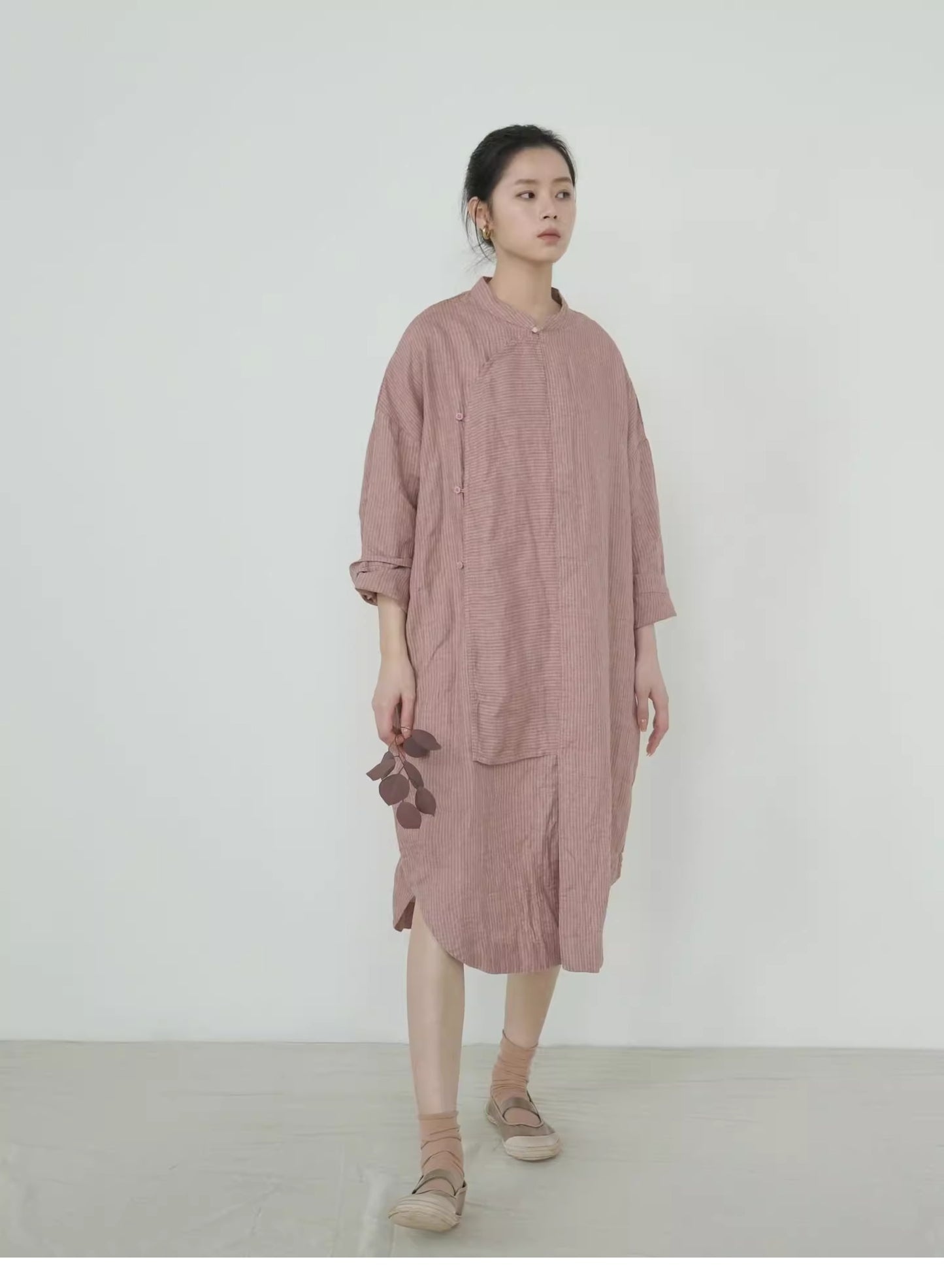 2色展開◇絶妙な色味のリネンストライプ◇オリエンタルデザイン ゆったりシルエット ロングスリーブ ワンピース◇