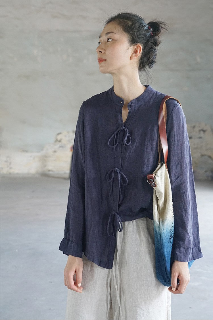 △リネン スタンドカラー ストリングス シャツ▽