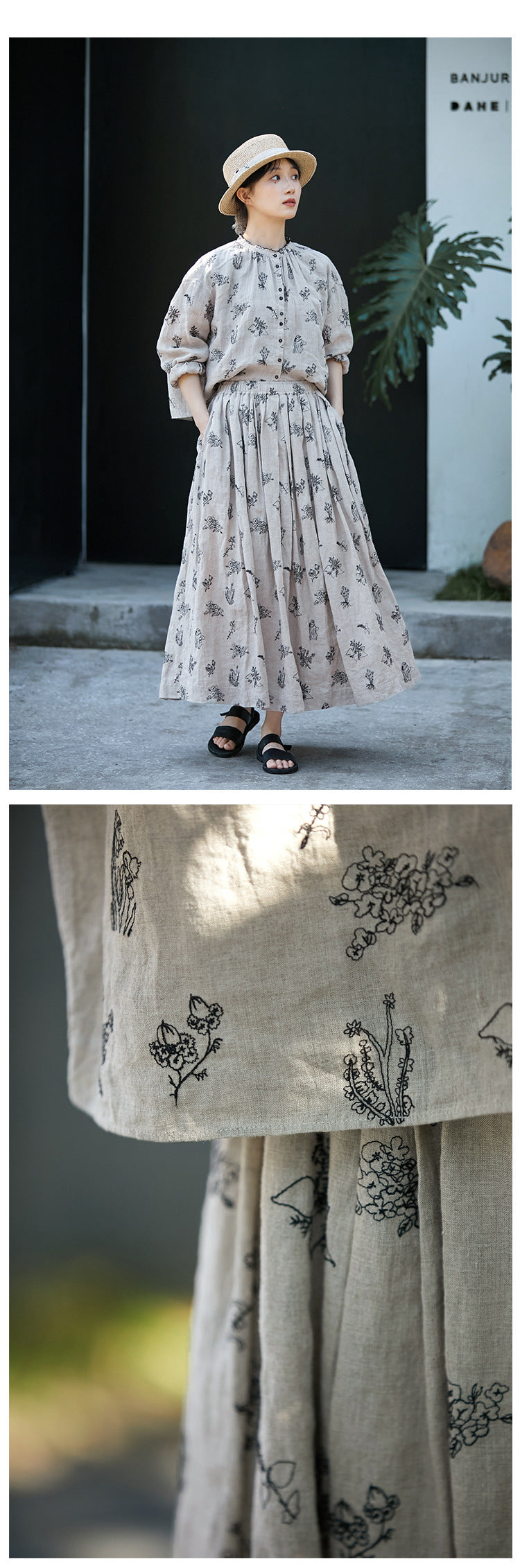 ◇リネン刺繍 ドロップショルダー フリルネックシャツ◇