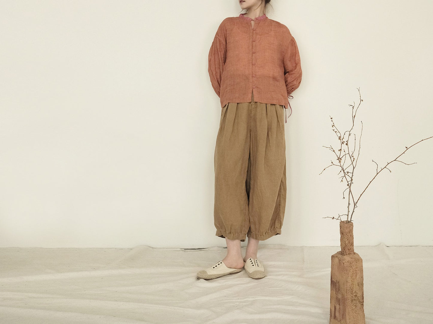 ◇オレンジ×ピンクのコンビが新鮮◇ラミー切替リボンカフス ブラウス◇