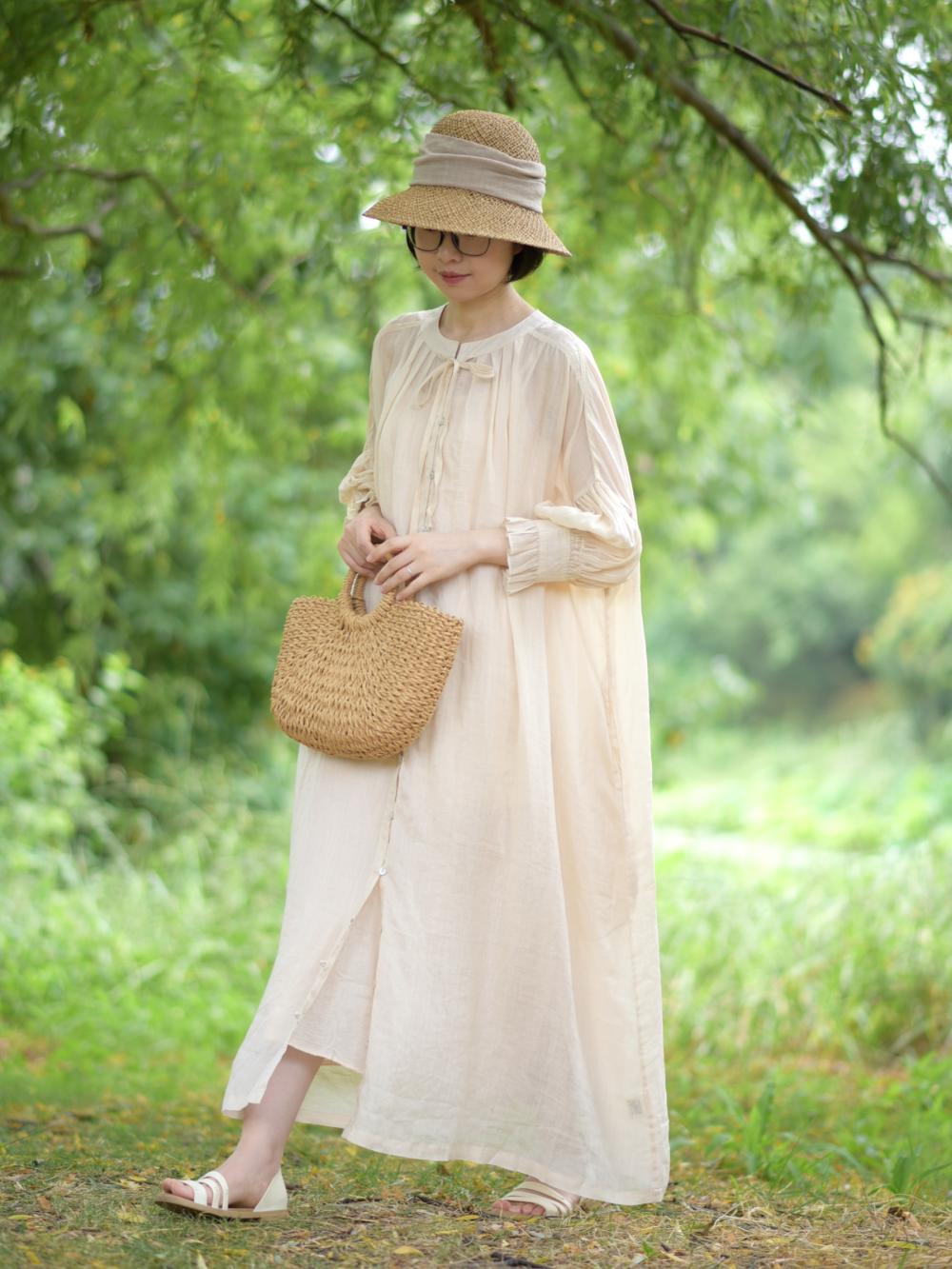 ◇首元のリボンがポイントに◇ラミー フリルカフス ゆったりロングワンピース◇
