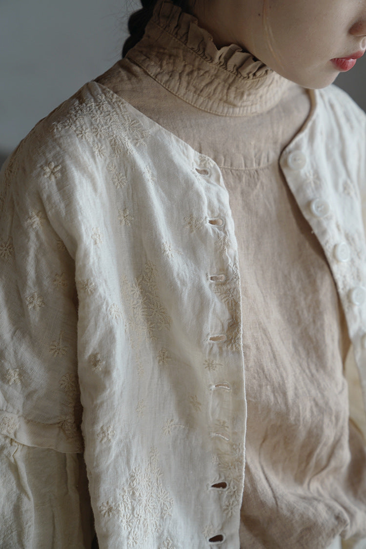 3色展開△ボタニック同色刺繍がエレガント▽リネンノーカラードロップショルダージャケット△裏地付き