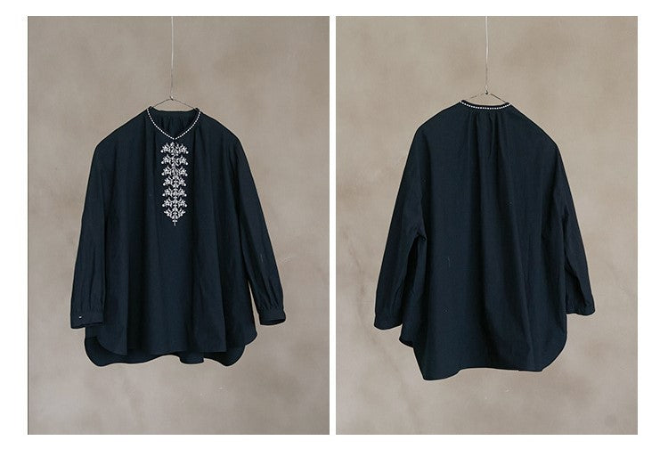 ✩ゆったり刺繍コットンギャザー ドロップショルダー プルオーバーシャツ✩