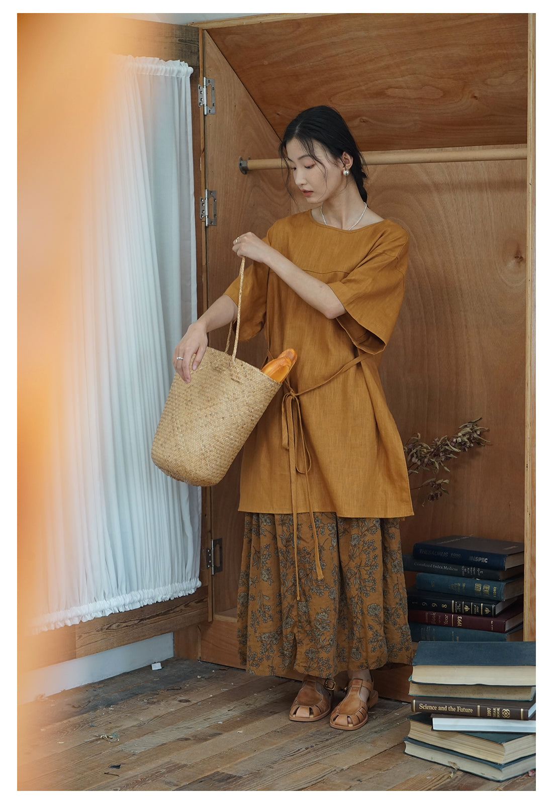 ◇ゆったりシルエット リネンコットン ワンピース◇ オレンジ