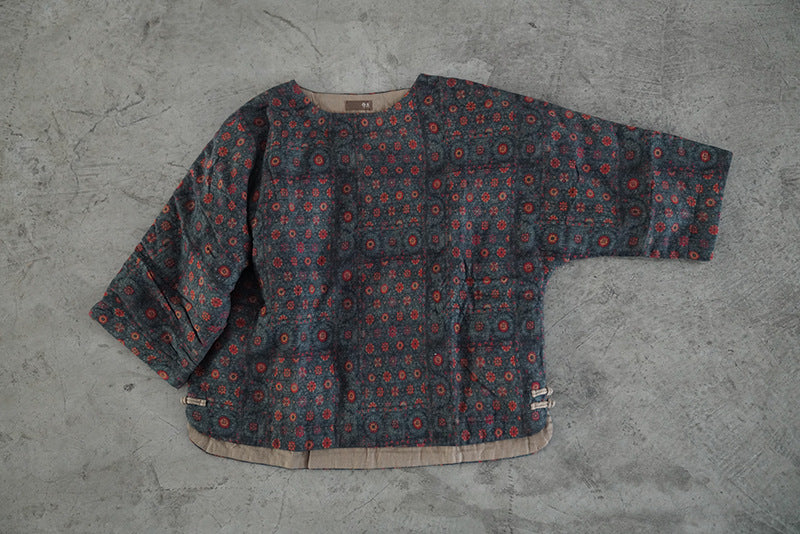 5色展開◇美しいオリエンタルプリント コットンうっすら中綿入りで保温性もある◇総柄ドロップショルダープルオーバー◆