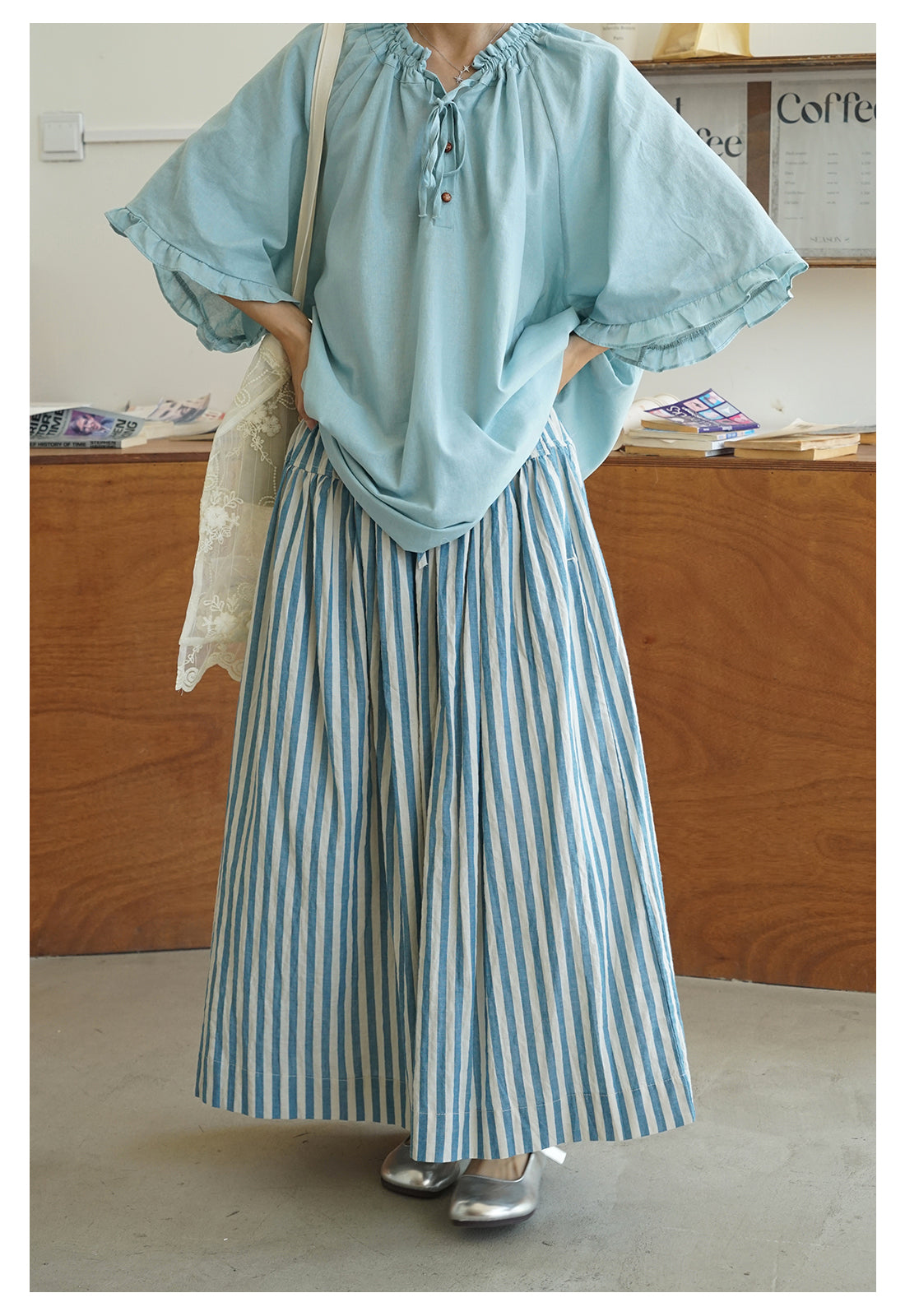 2色展開◇コットン ストライプ イージーロングスカート◇