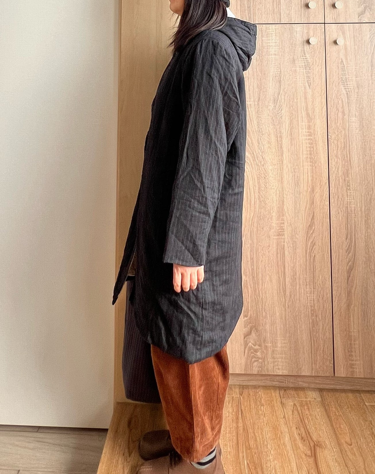 ◇たっぷり中綿シルクでばっちり防寒◇リネンストライプ中綿コート◇