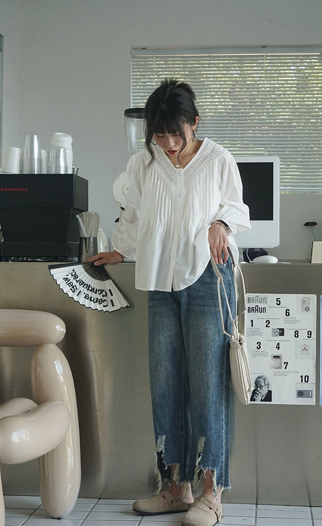 ◇レース&ピンタック ホワイトコットン ブラウス◇
