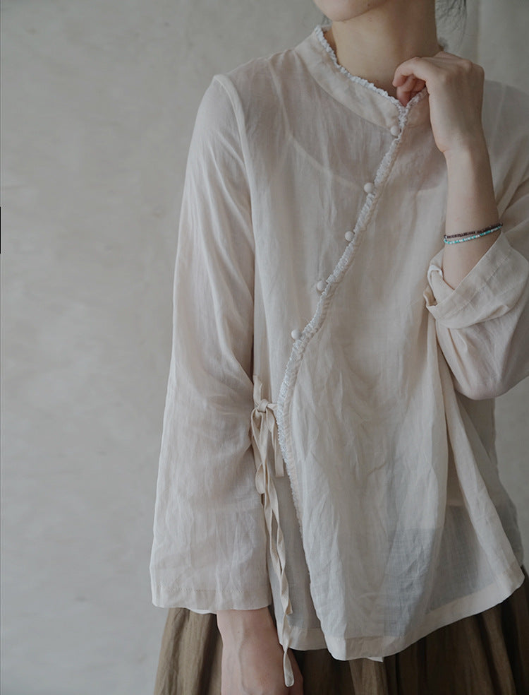 ◇控えめなフリルネックで品のあるシックなアジアンスタイル◇ラップラミーシャツ◇