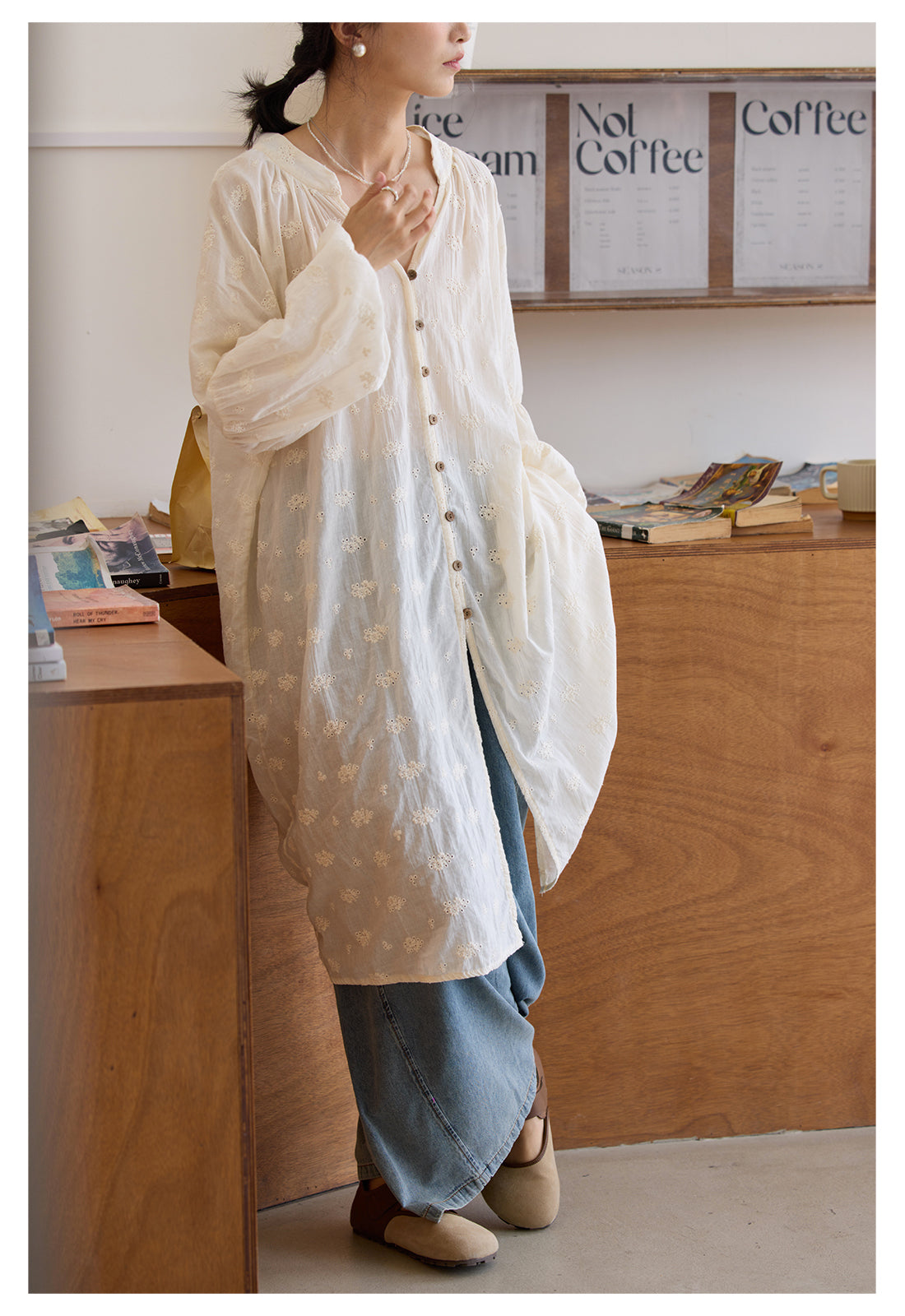 ◇アンティークフレンチ調刺繍ゆったりシルエット ドロップショルダー前開き開き ワンピース◇