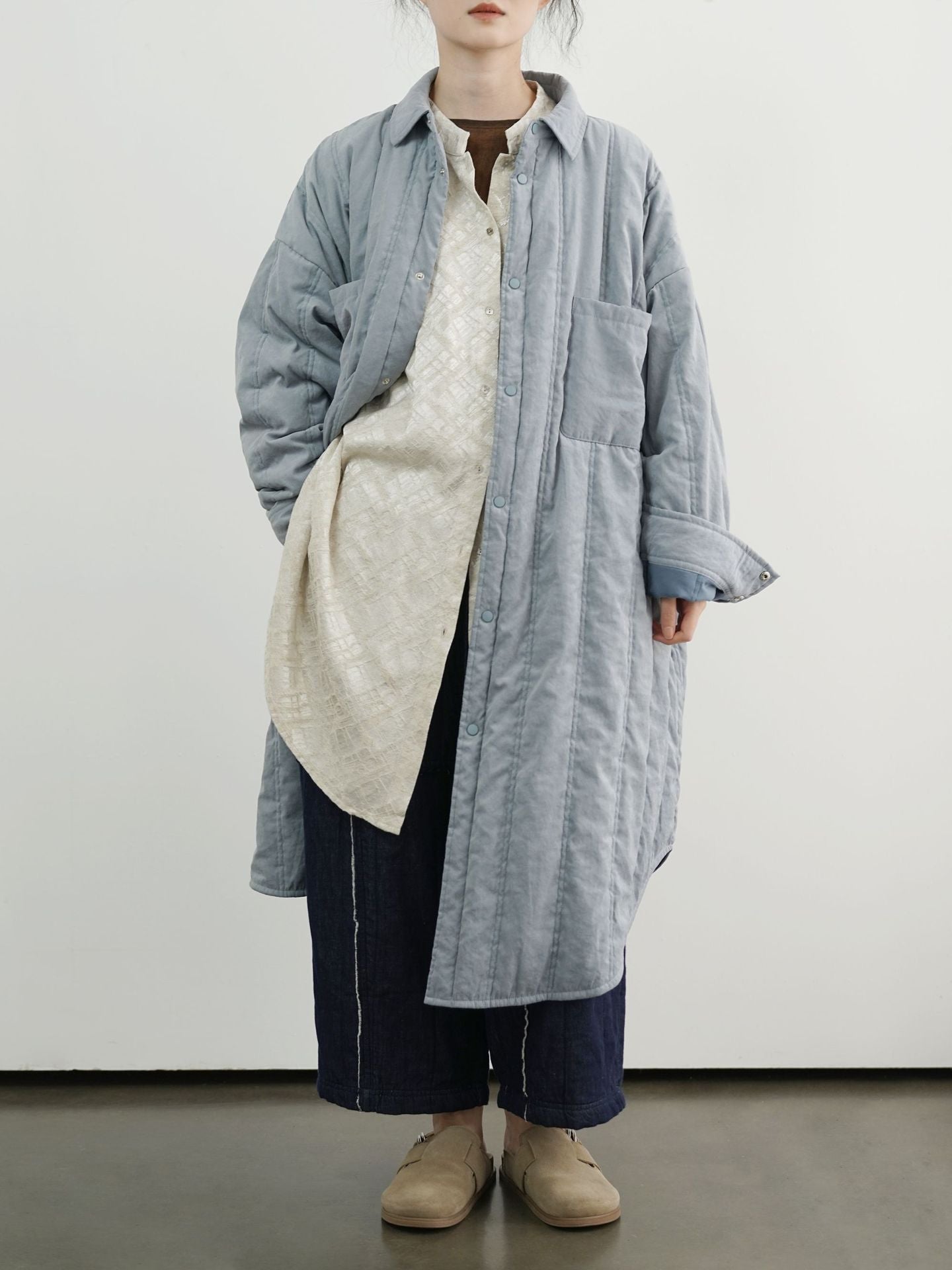 4色展開◇うっすら中綿生地で暖かドロップショルダーパフシャツワンピース◇