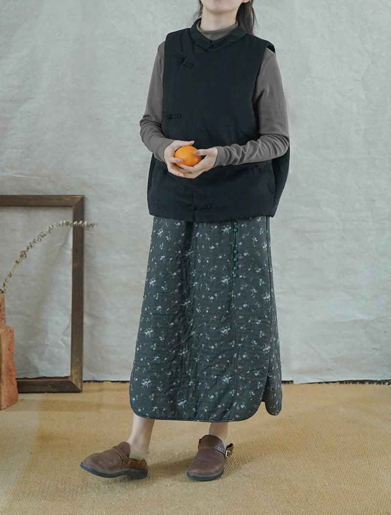 2色展開◇小花柄が可愛い◇ボタン装飾がポイントに◇秋冬用 ダブルフェイスコットン 中綿入り スカート◇