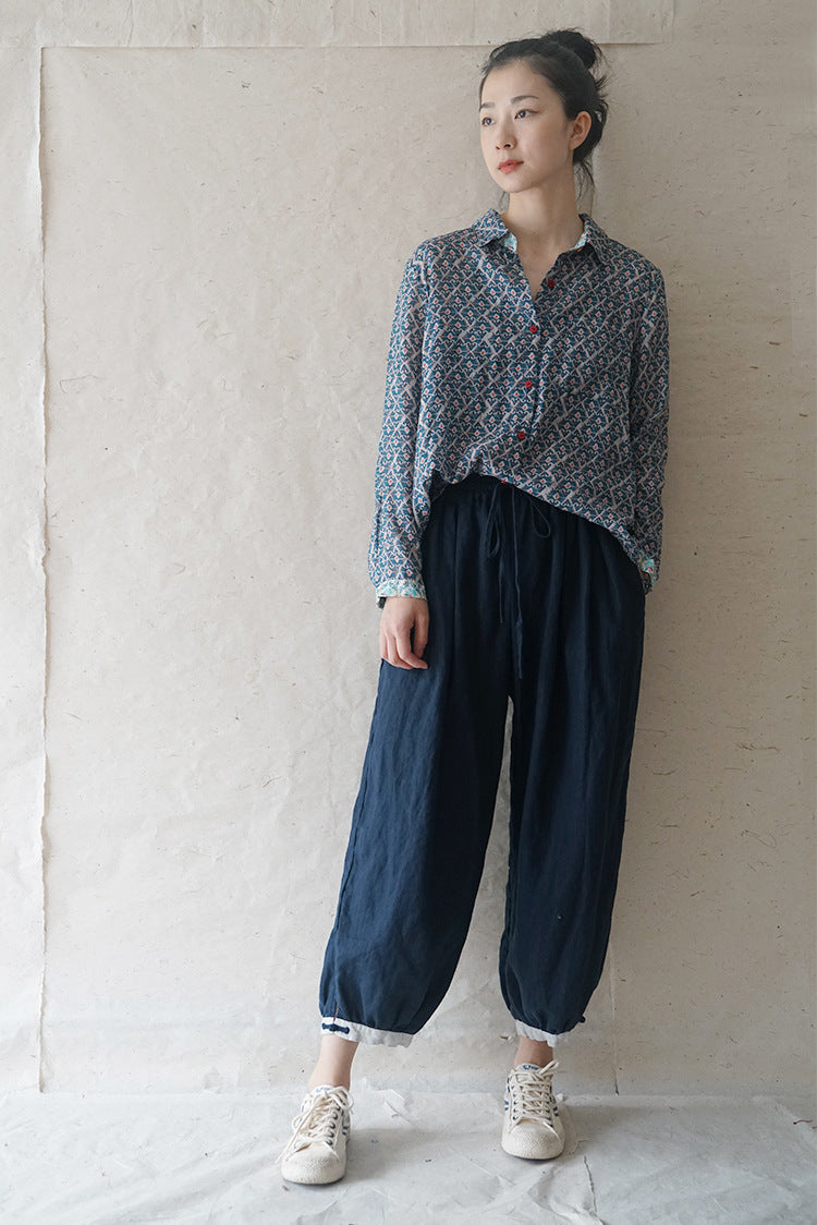 ◇品のあるエスニックプリント◇ロングスリーブ 切替プリントラミーブラウス◇