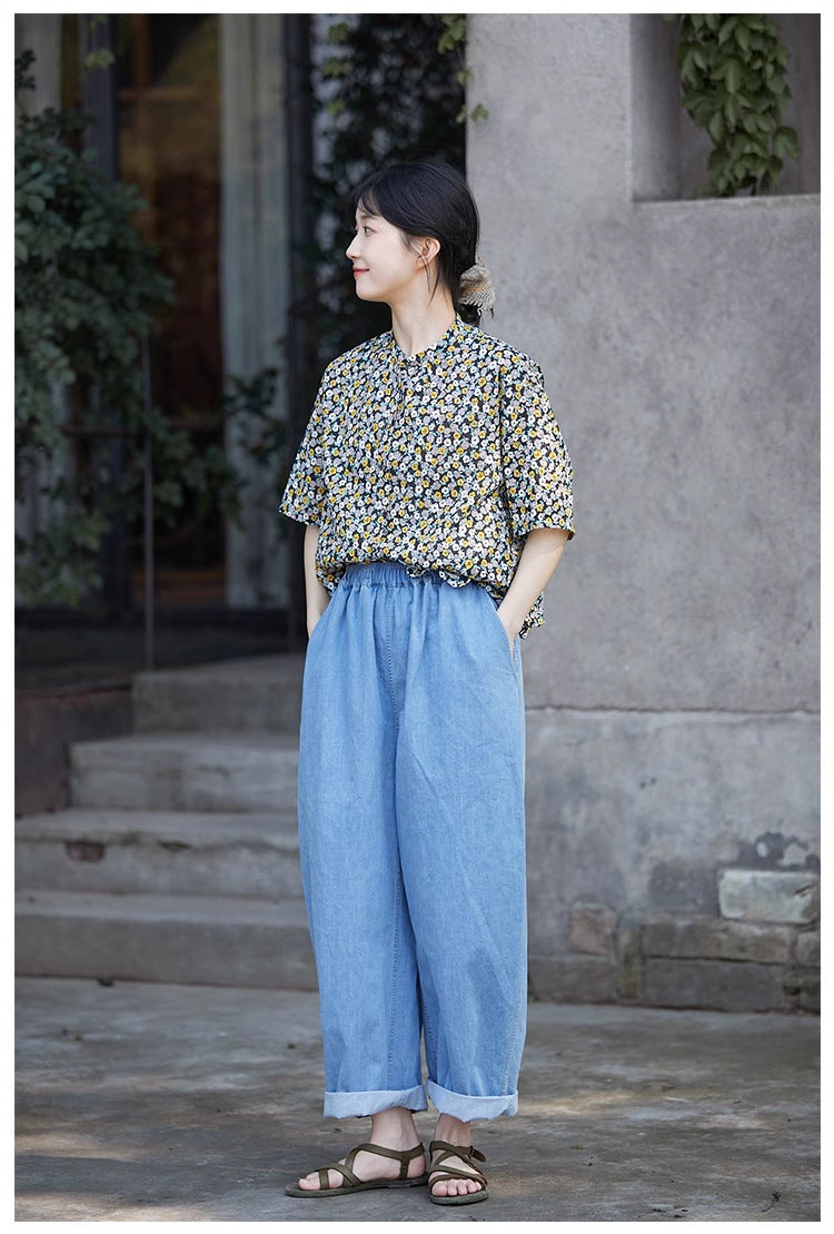 ◇小花柄で品のあるゆったりシルエット ドロップショルダーコットン5分丈シャツ◇M/Lサイズ