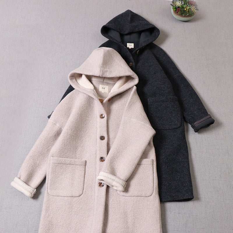 4色展開△ダブルフェイスウール ゆったりドロップショルダー フーディー ロングコート△