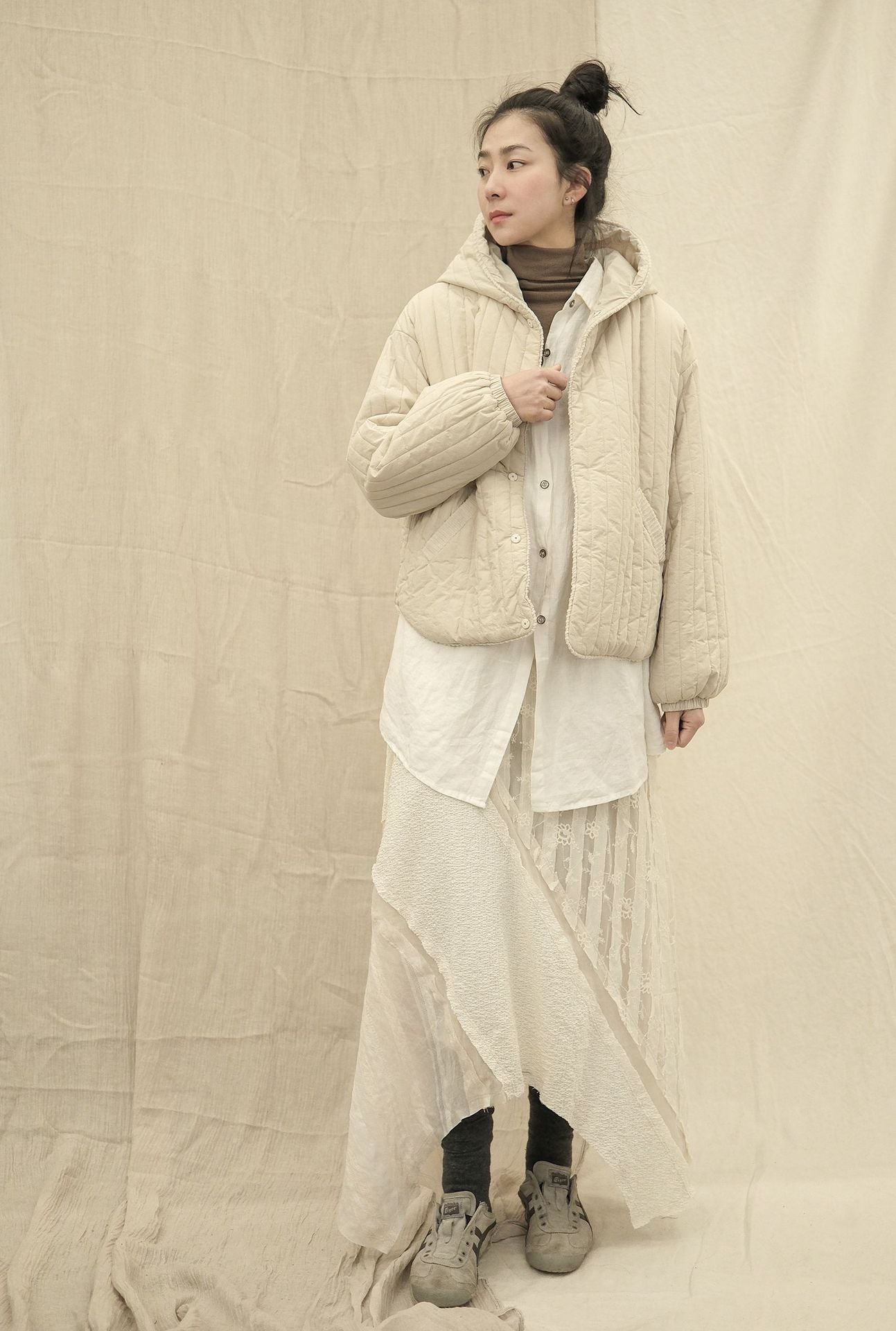 ◇ゆったり軽量 ドロップショルダー 中綿フードジャケット◇