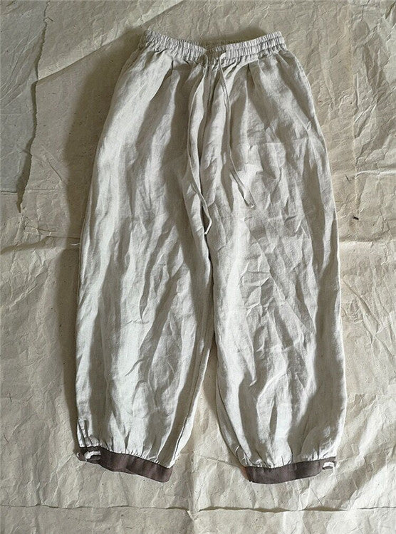 2色展開◇裾切替え&絞り◇程良いバルーンシルエット◇リネン9部丈 イージーパンツ◇