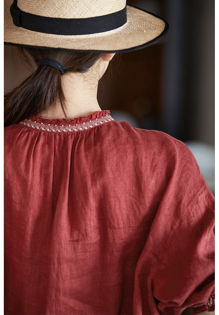 ◇刺繍リネンギャザー シャツ◇