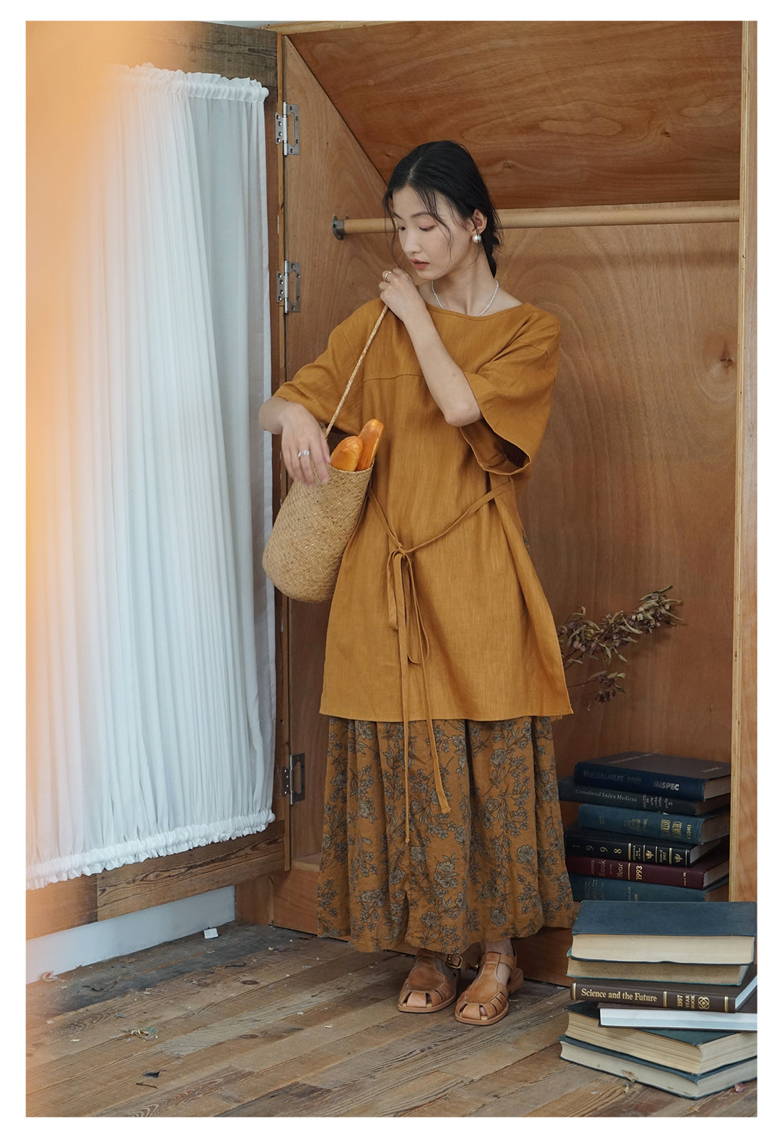 ◇ゆったりシルエット リネンコットン ワンピース◇ オレンジ