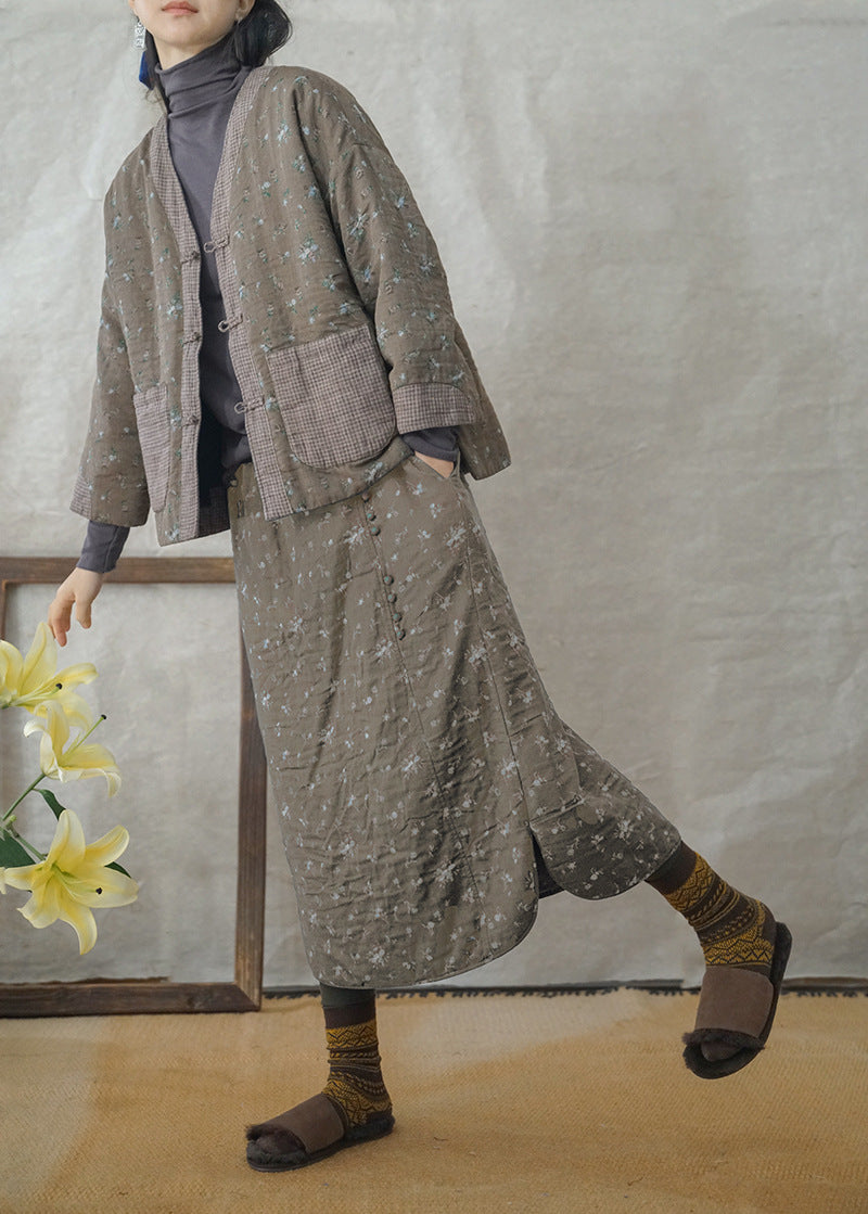 2色展開◇小花柄が可愛い◇ボタン装飾がポイントに◇秋冬用 ダブルフェイスコットン 中綿入り スカート◇