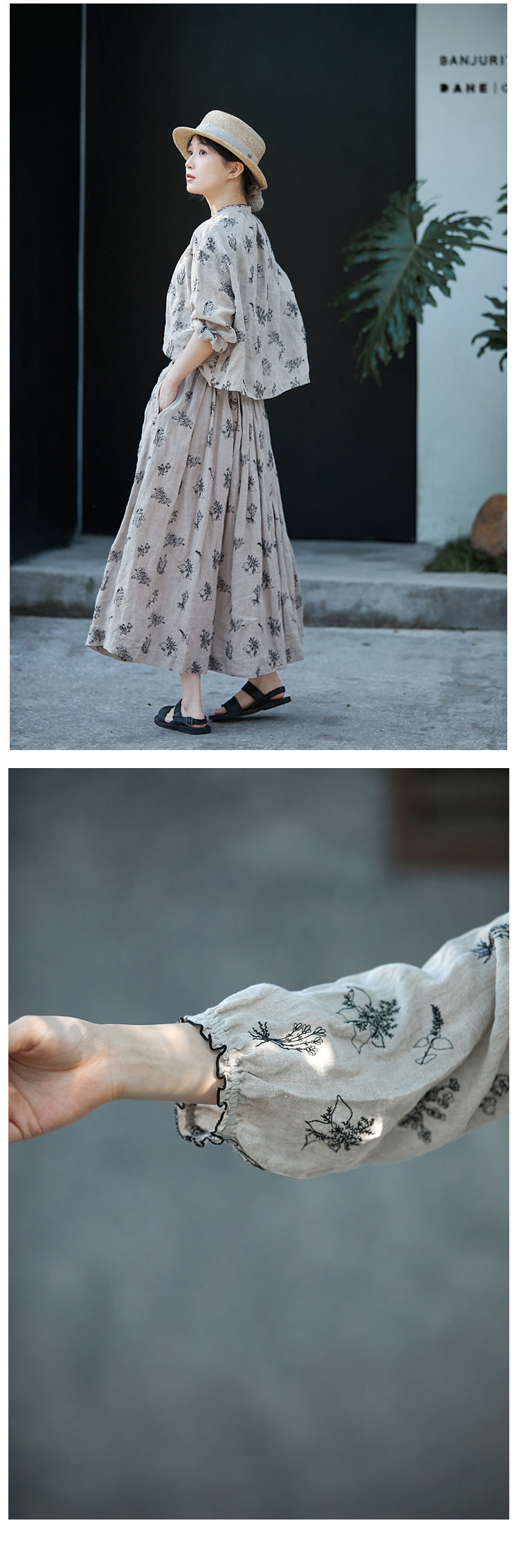 ◇リネン刺繍 ドロップショルダー フリルネックシャツ◇