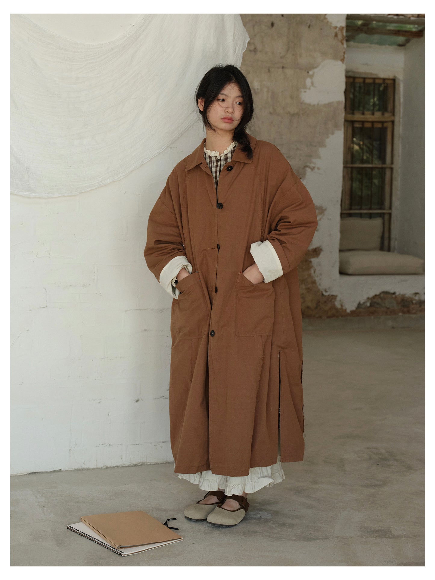 ゆったりシルエット◇秋冬厚手リネンコットンラグランスリーブコート◇裏地付き