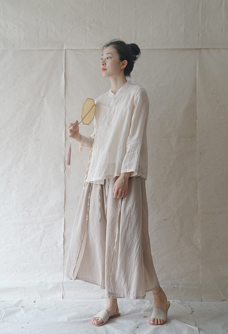 ◇控えめなフリルネックで品のあるシックなアジアンスタイル◇ラップラミーシャツ◇